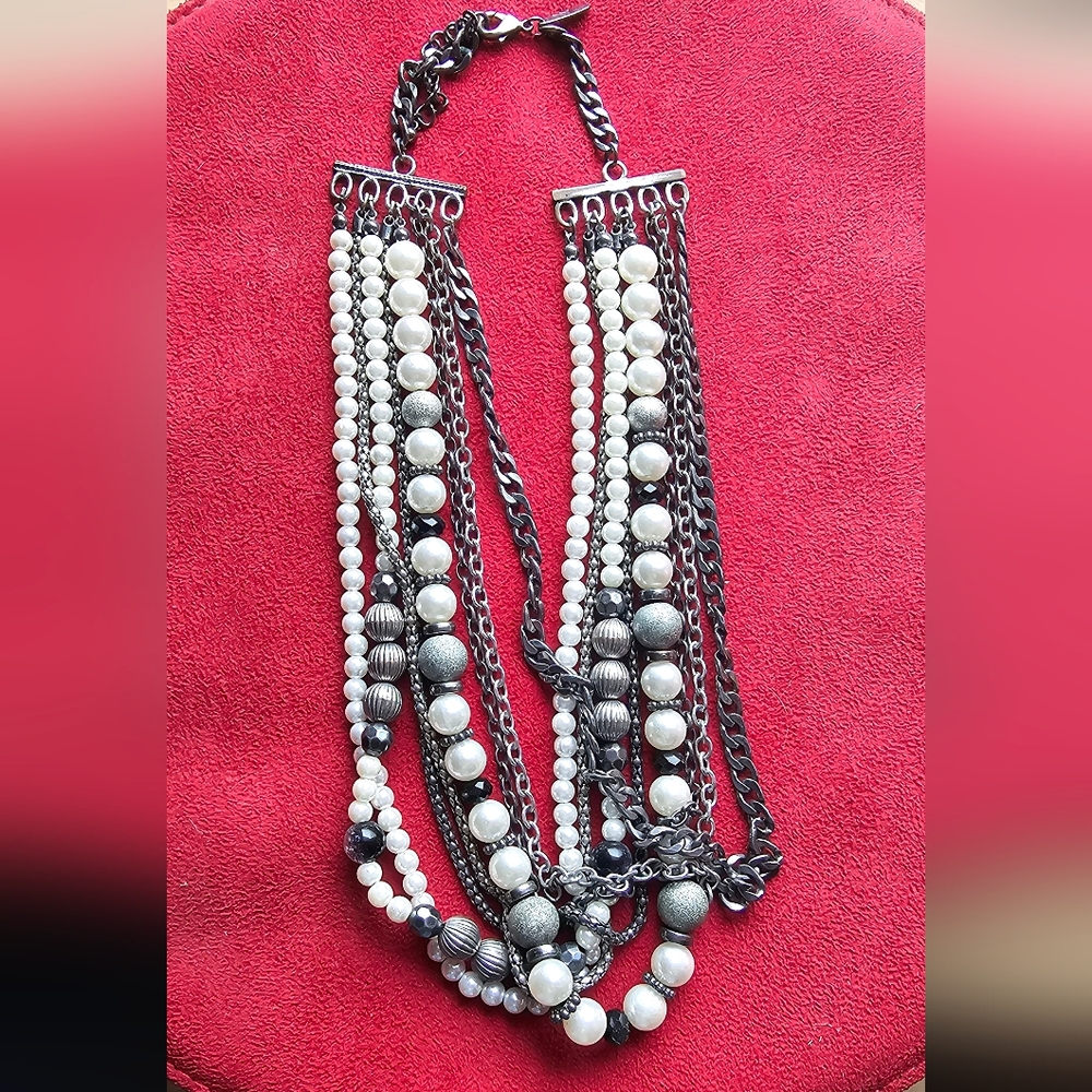 Multi-Strand Pearl and Gunmetal Bead Necklace - White and Black